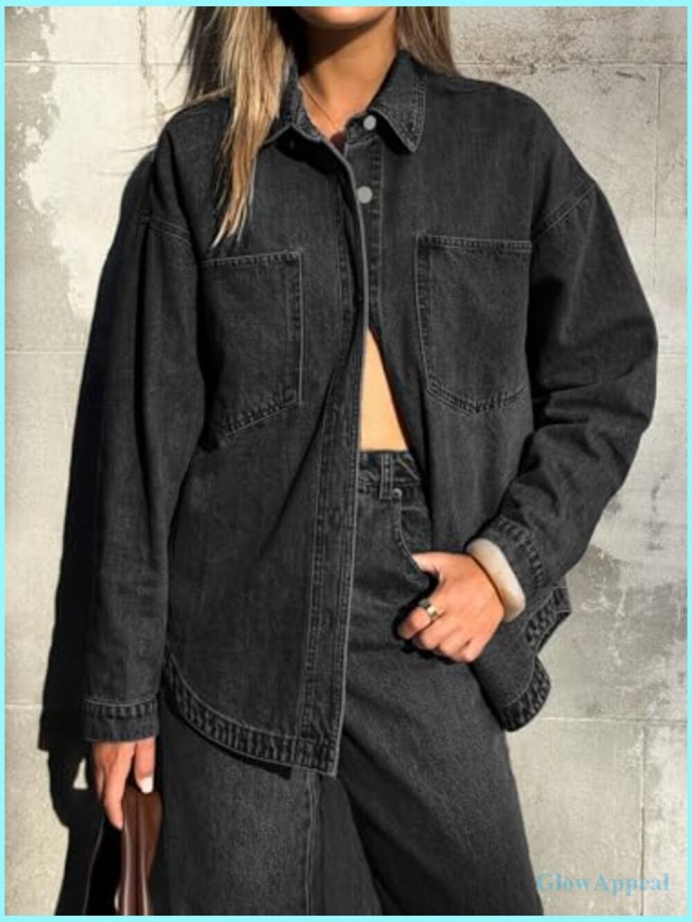 Oversized Denim Shirt Button Down Long Sleeve Blouse Distressed Jean Jacket - Picture 6 of 7